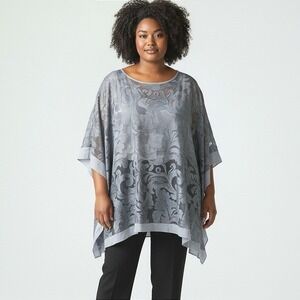 Oleg Cassini Mystic Grey Embroidered Cape Pan Mesh Sheer Top Plus Size 14 NEW